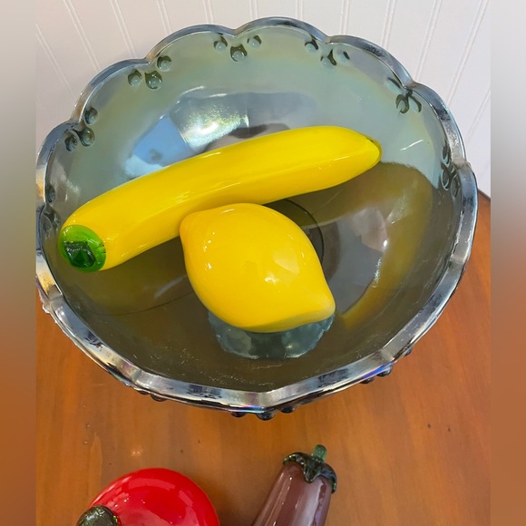 Vintage Indiana Glass Blue Carnival Compote Centerpiece Bowl & Glass Fruit - Picture 10 of 12